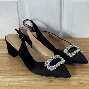 Adrienne Vitadinni Black Slingback Kitten Heel Point Toe Rhinestone buckle sz 8